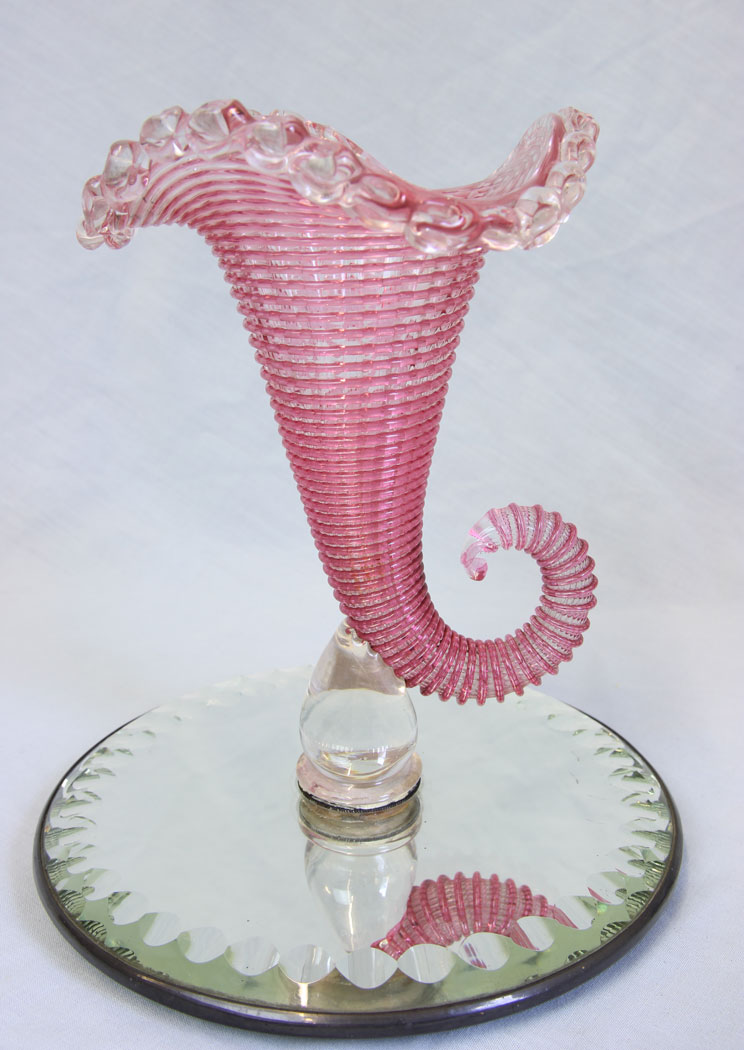 11779r2 Antique Victorian Pink Cranberry Glass Cornucopia Vase,