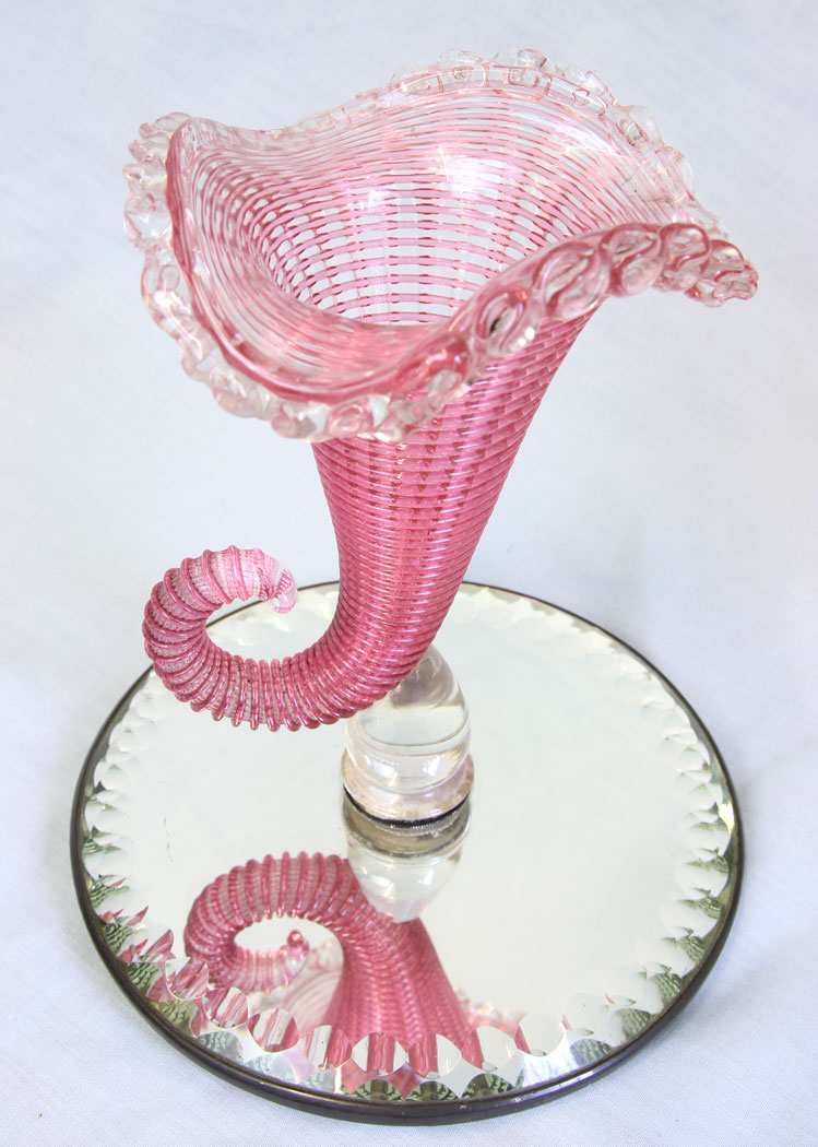 11779r3 Antique Victorian Pink Cranberry Glass Cornucopia Vase,