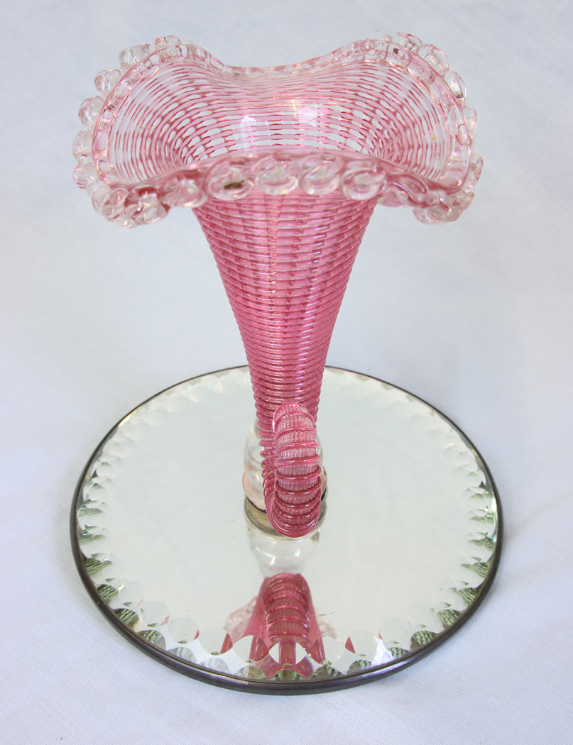 11779r4 Antique Victorian Pink Cranberry Glass Cornucopia Vase,