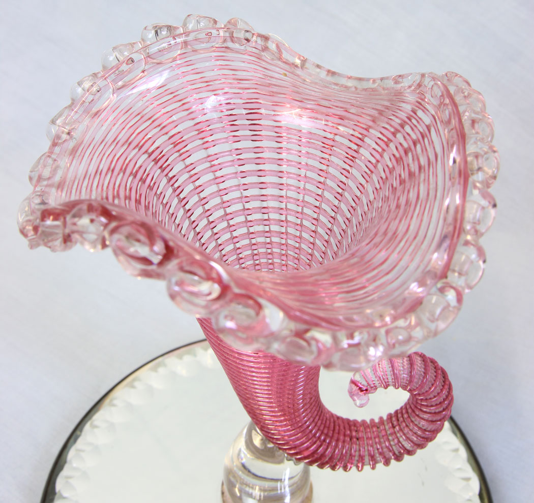11779r5 Antique Victorian Pink Cranberry Glass Cornucopia Vase,