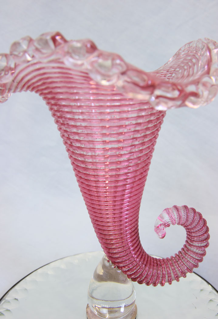 11779r6 Antique Victorian Pink Cranberry Glass Cornucopia Vase,
