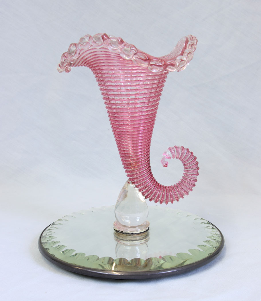 11779r9 Antique Victorian Pink Cranberry Glass Cornucopia Vase,