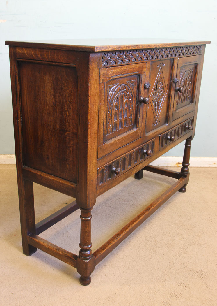11869r11 Antique Carved Oak Cupboard Side Table,
