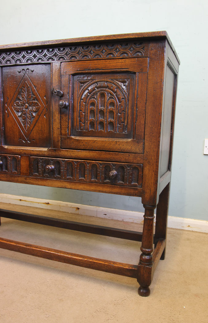 11869r3 Antique Carved Oak Cupboard Side Table,