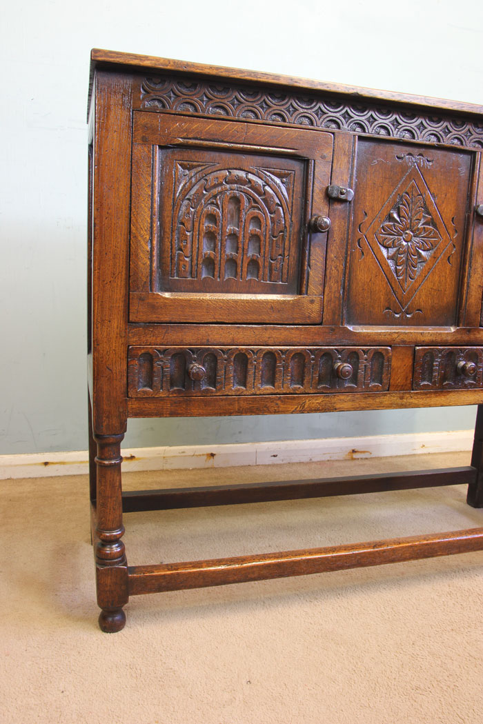 11869r4 Antique Carved Oak Cupboard Side Table,