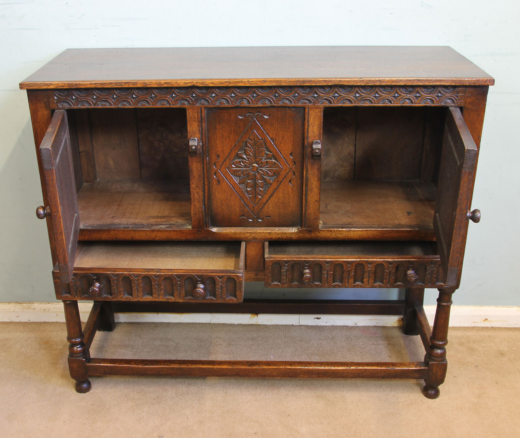 11869r8 Antique Carved Oak Cupboard Side Table,