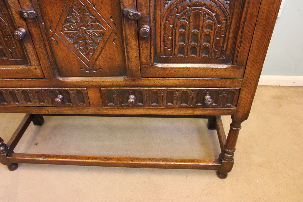 11869r9 Antique Carved Oak Cupboard Side Table,