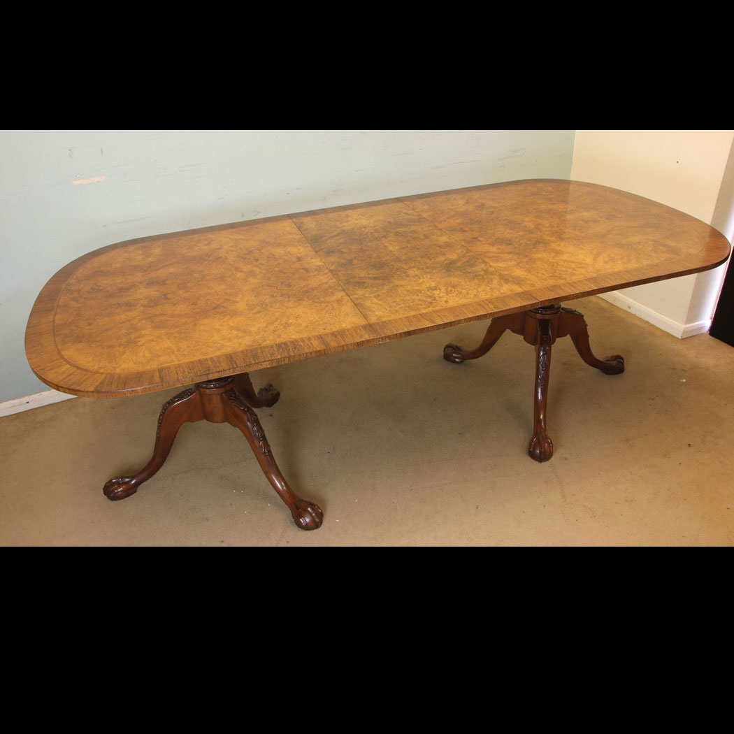 11873r01 Twin Pedestal Burr Walnut Dining Table, Twin Pedestal Burr Walnut Extending Dining Table