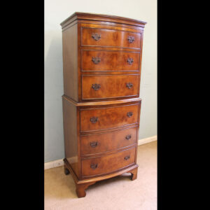 Georgian Style Burr Walnut Bow Front Chest on Chest of Drawers