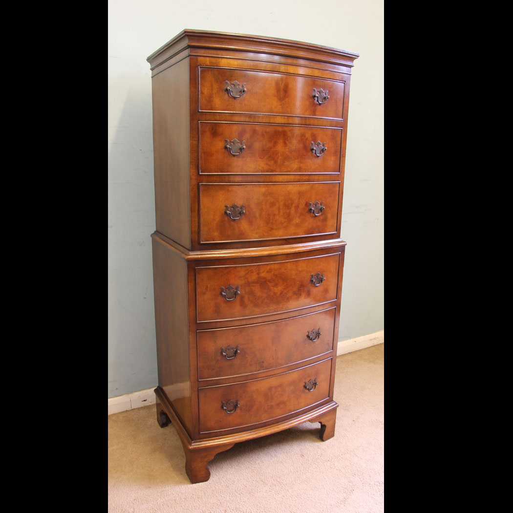 11874r01 Burr Walnut Chest on Chest Tallboy, Georgian Style Burr Walnut Bow Front Chest on Chest of Drawers