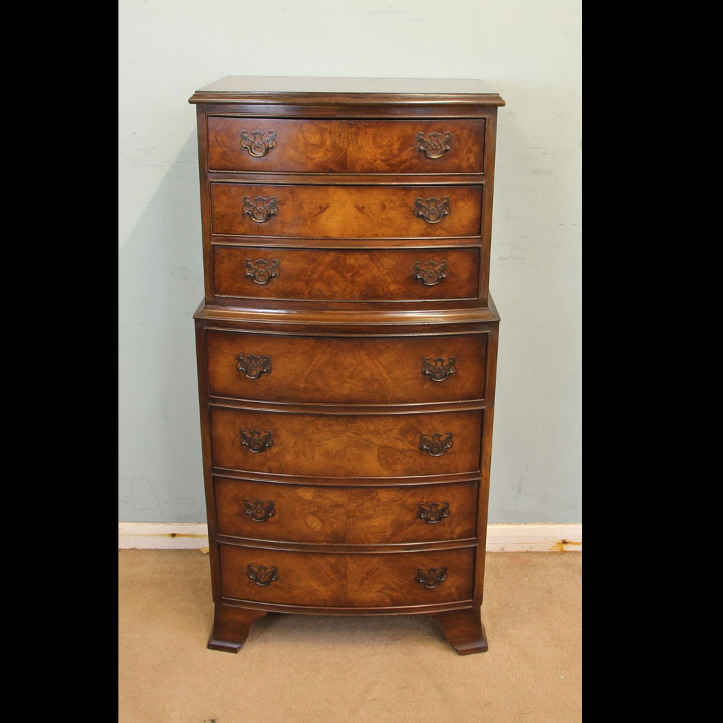 11884r01 Small Burr Walnut Bow Front Chest of Drawers, Burr Walnut Bow Front Chest on Chest of Drawers