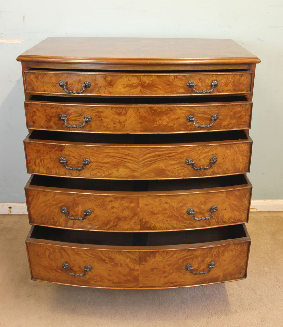 11885r11 Antique Burr Walnut Bow Front Chest of Drawers,