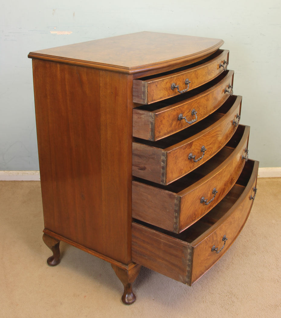 11885r12 Antique Burr Walnut Bow Front Chest of Drawers,