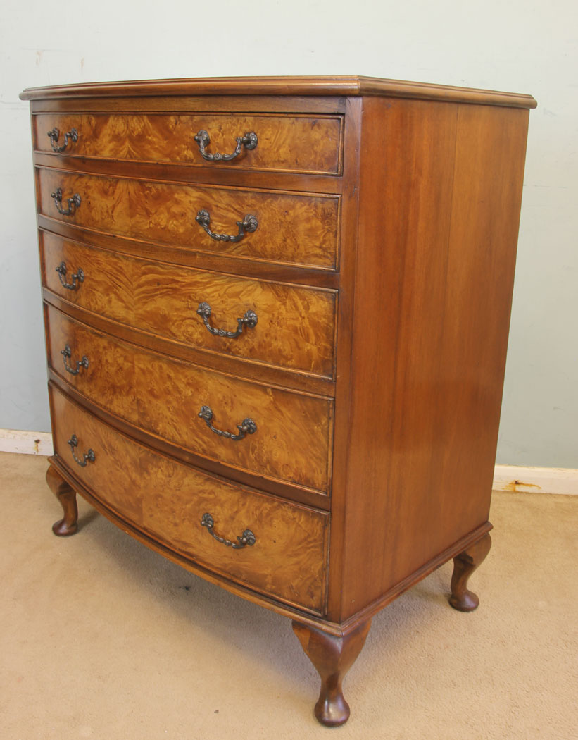 11885r2 Antique Burr Walnut Bow Front Chest of Drawers,