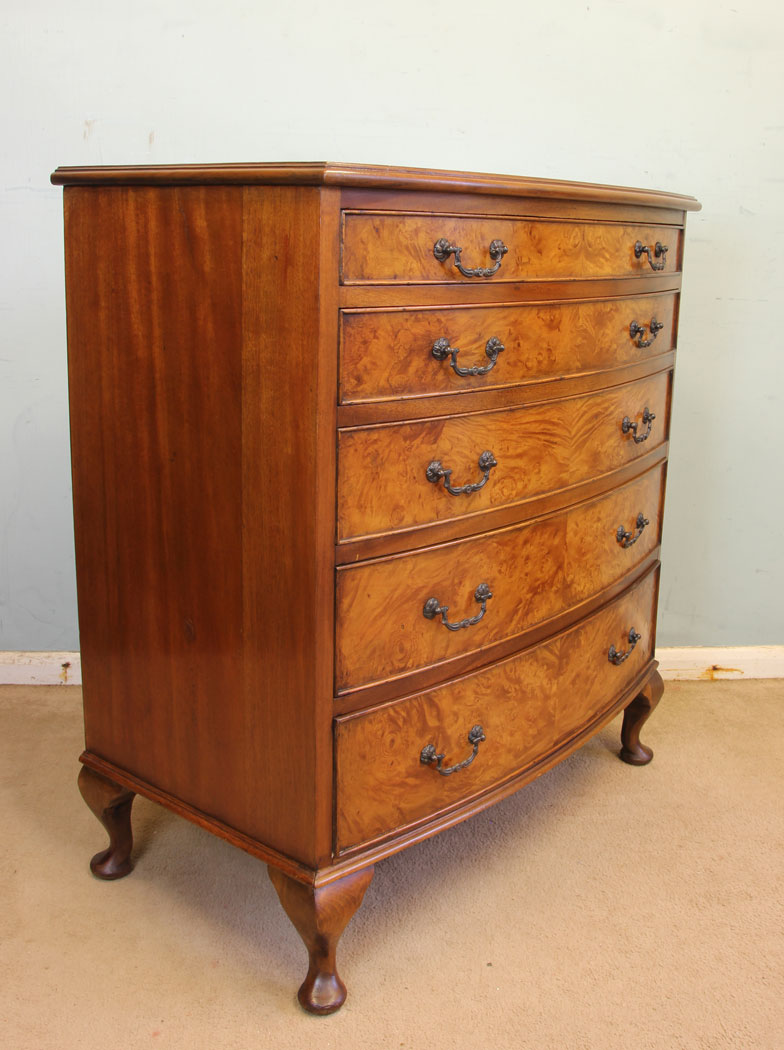 11885r3 Antique Burr Walnut Bow Front Chest of Drawers,