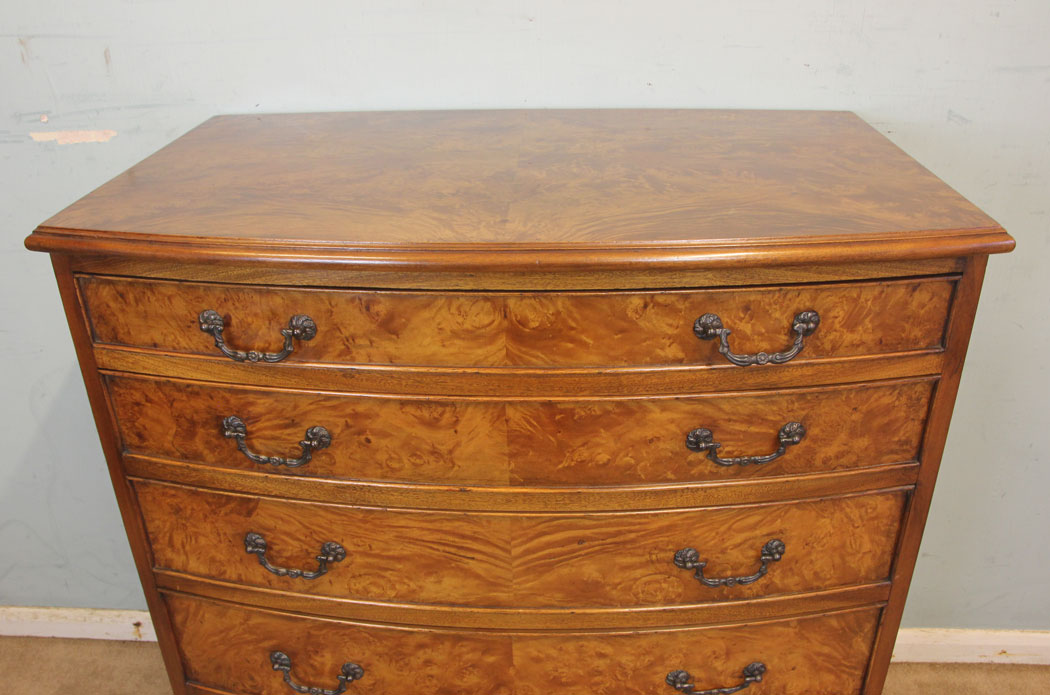 11885r6 Antique Burr Walnut Bow Front Chest of Drawers,