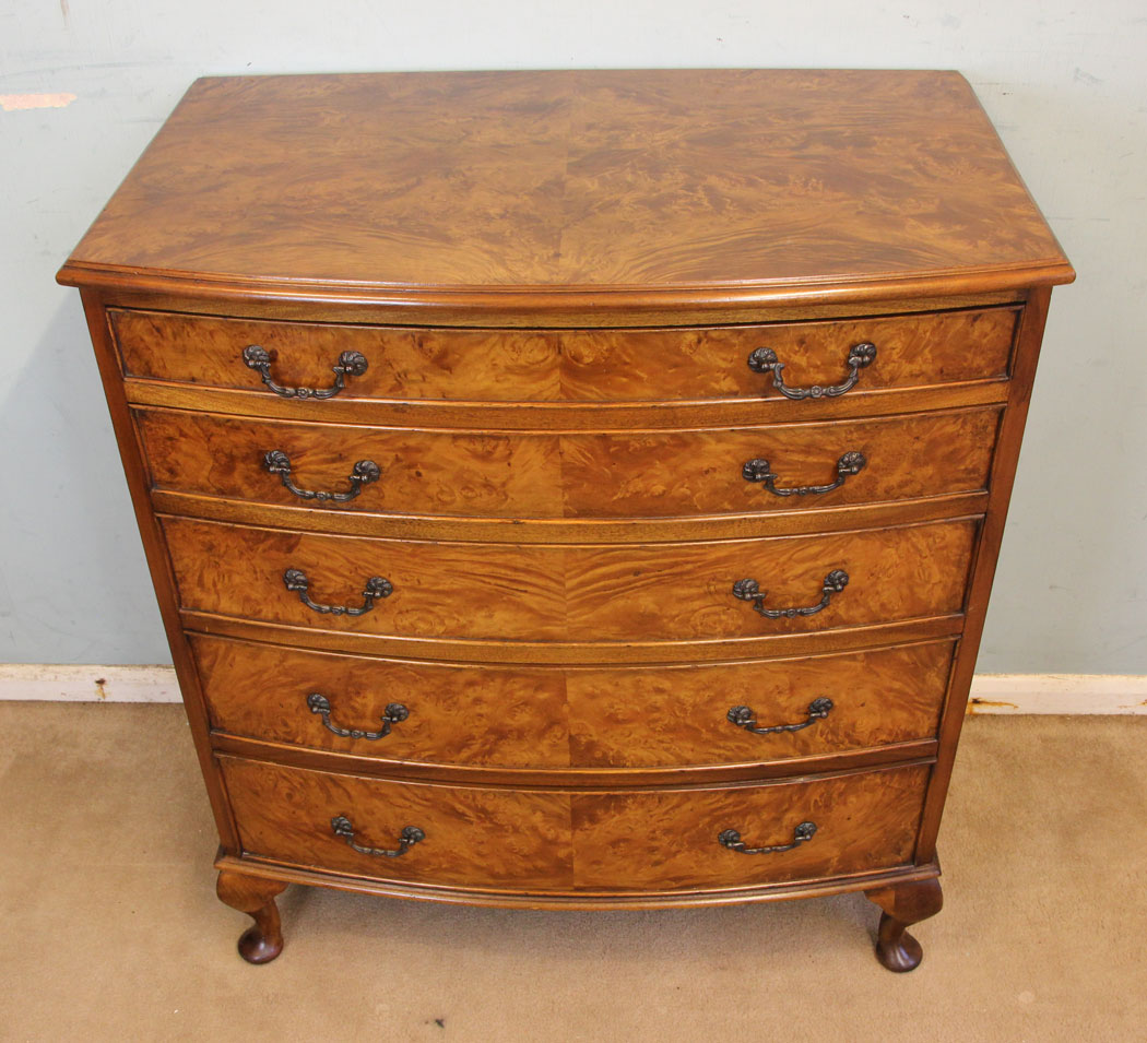 11885r7 Antique Burr Walnut Bow Front Chest of Drawers,