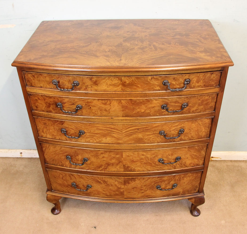 11885r8 Antique Burr Walnut Bow Front Chest of Drawers,