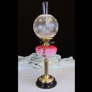 Antique Oil Lamp with Pink Font & Etched Shade
