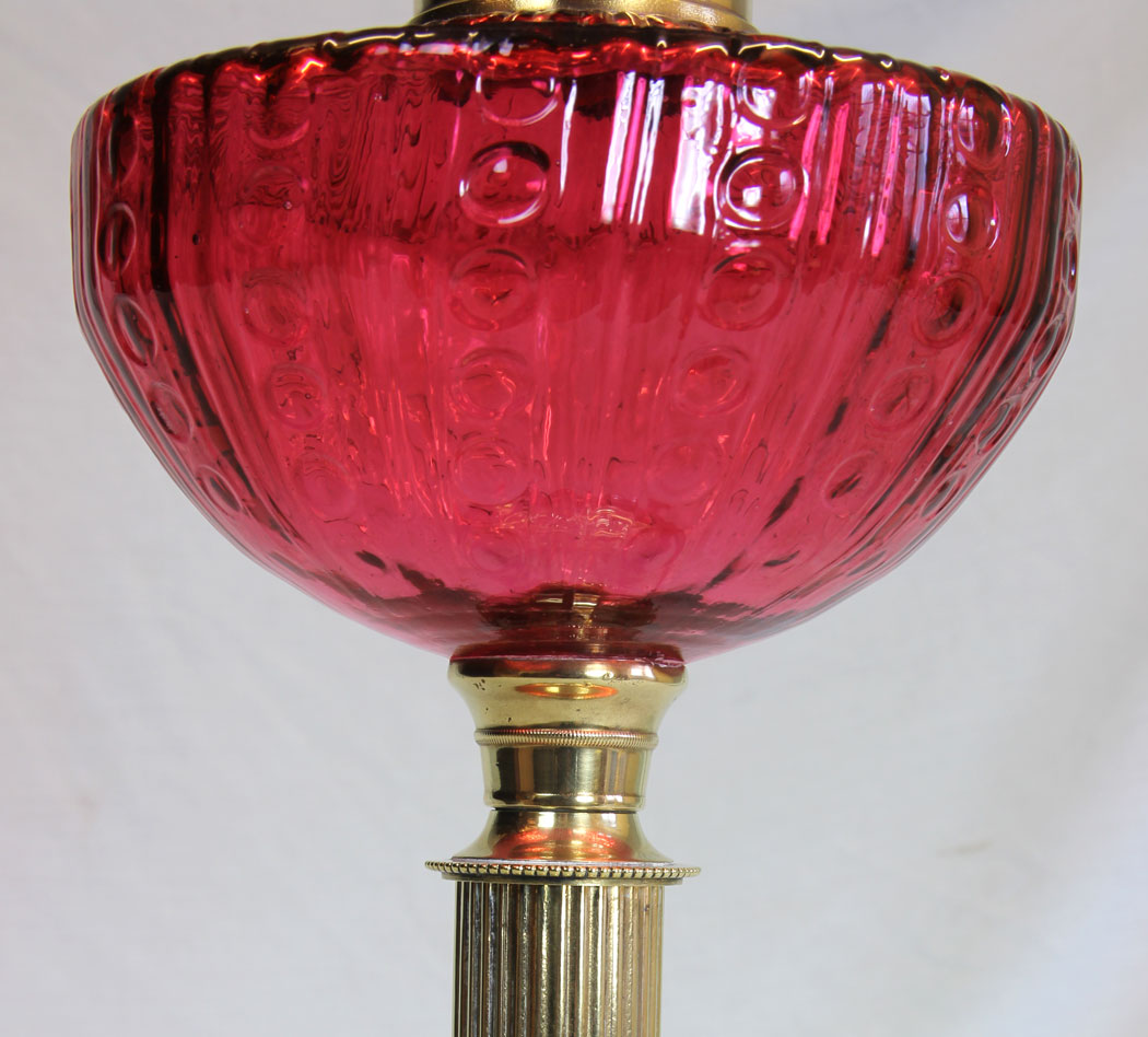 11904r6 Antique Cranberry Glass Oil Lamp with Cranberry Glass Shade,