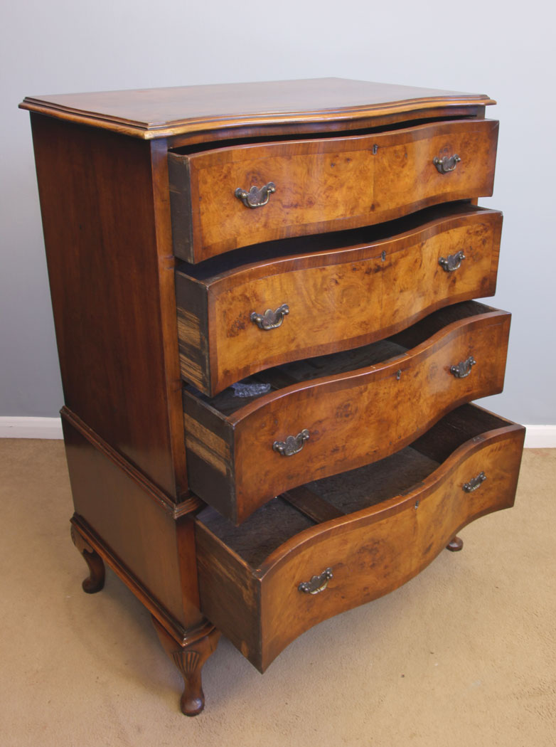 11929r11 Antique Burr Walnut Serpentine Chest Drawers,