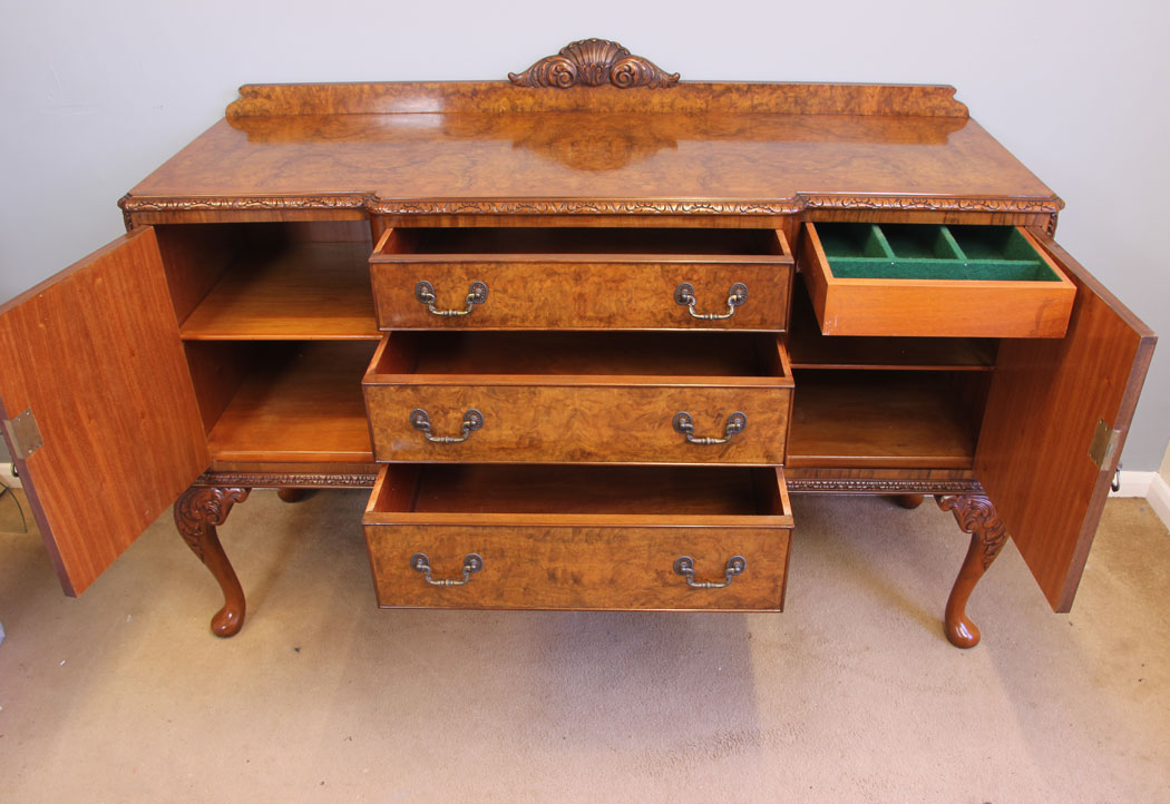 11943r15 Quality Queen Anne Style Burr Walnut Sideboard Server,