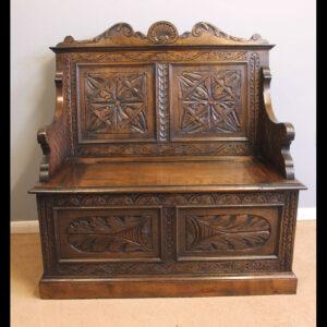 Antique Carved Oak Settle Hall Monks Bench
