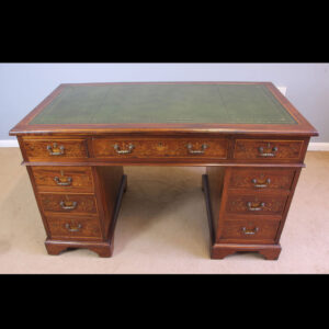 Antique Edwardian Inlaid Knee Hole Mahogany Pedestal Writing Desk.