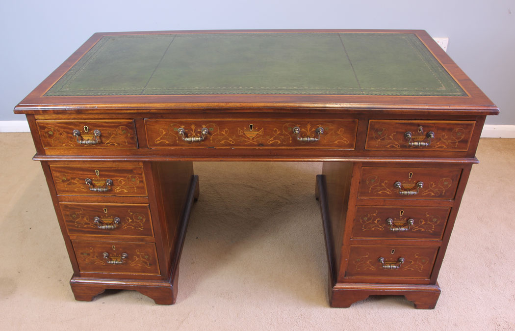 11958r1 Antique Edwardian Inlaid Mahogany Pedestal Writing Desk,