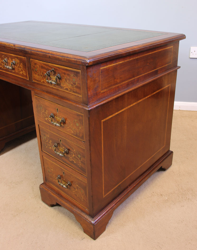 11958r14 Antique Edwardian Inlaid Mahogany Pedestal Writing Desk,