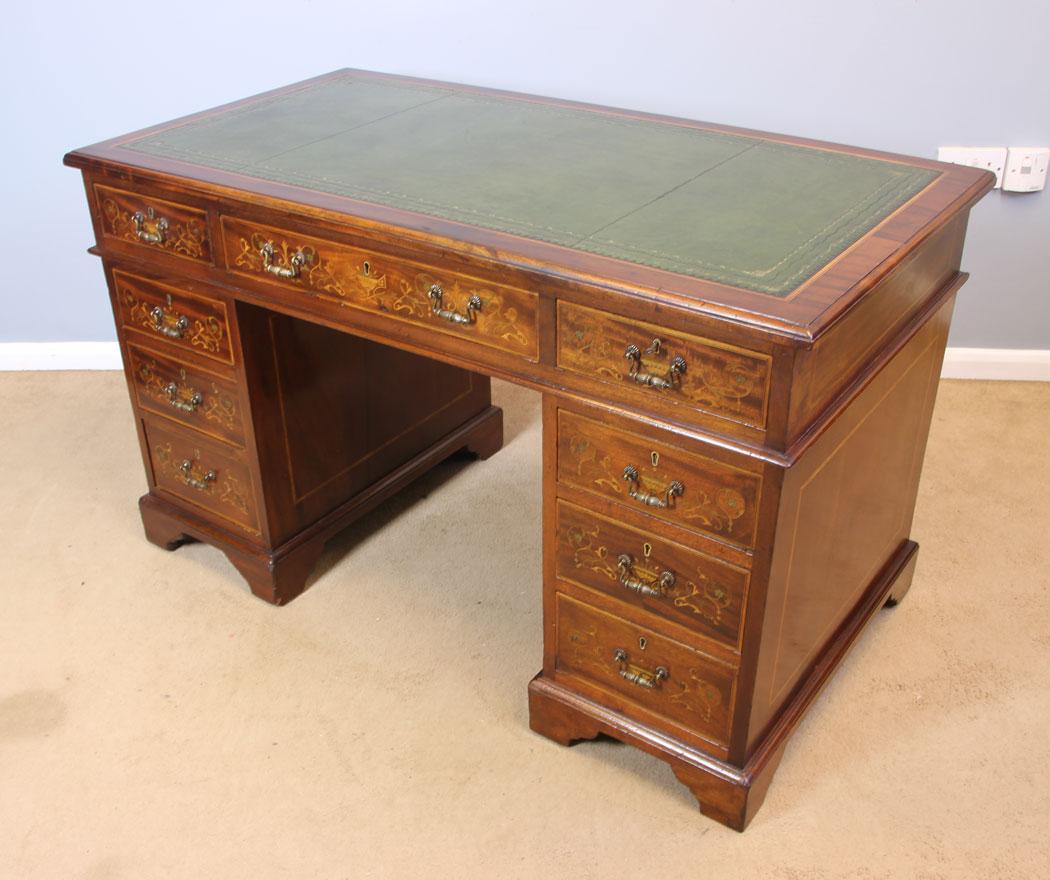 11958r2 Antique Edwardian Inlaid Mahogany Pedestal Writing Desk,