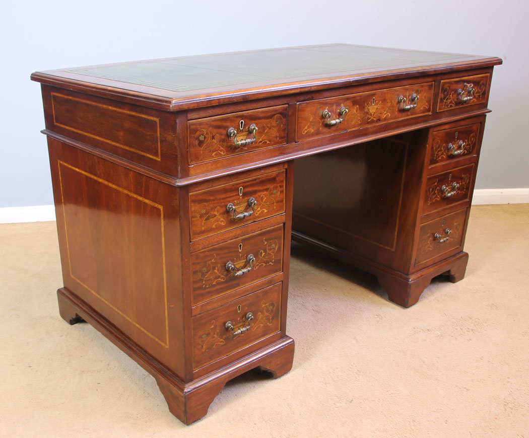 11958r3 Antique Edwardian Inlaid Mahogany Pedestal Writing Desk,