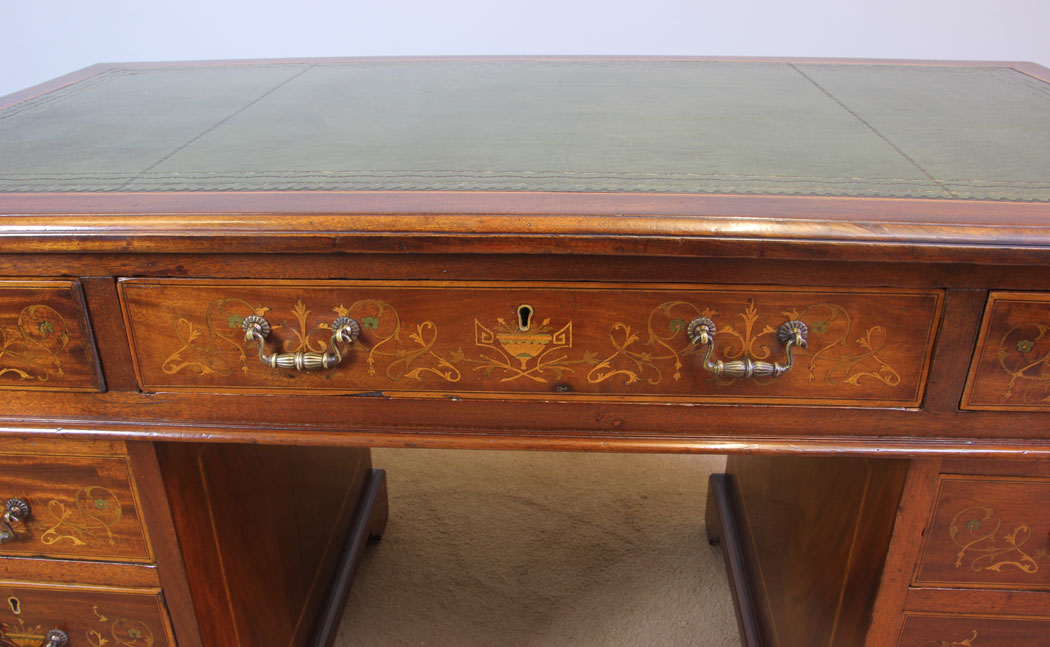 11958r4 Antique Edwardian Inlaid Mahogany Pedestal Writing Desk,