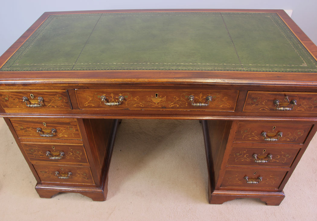 11958r5 Antique Edwardian Inlaid Mahogany Pedestal Writing Desk,
