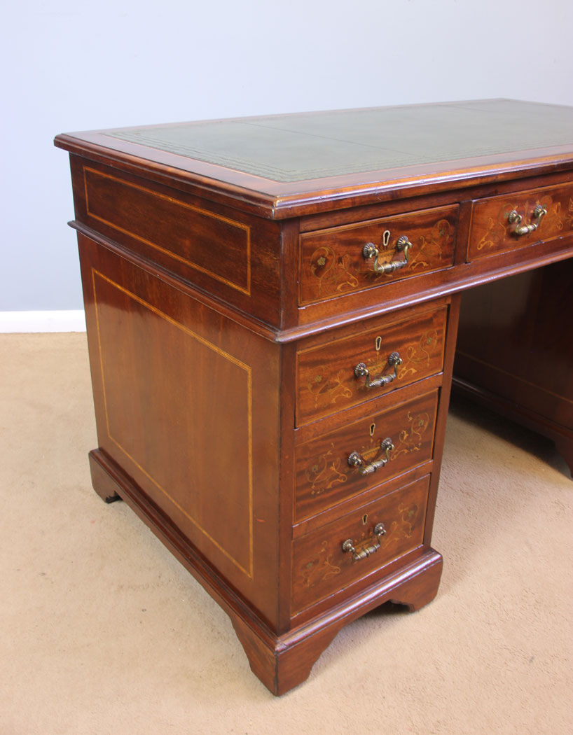 11958r7 Antique Edwardian Inlaid Mahogany Pedestal Writing Desk,