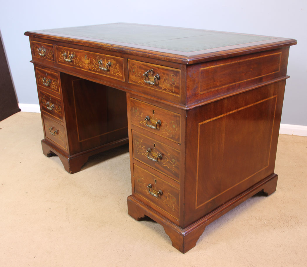 11958r8 Antique Edwardian Inlaid Mahogany Pedestal Writing Desk,