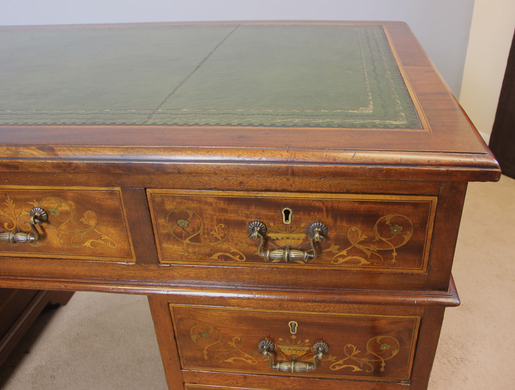11958r9 Antique Edwardian Inlaid Mahogany Pedestal Writing Desk,