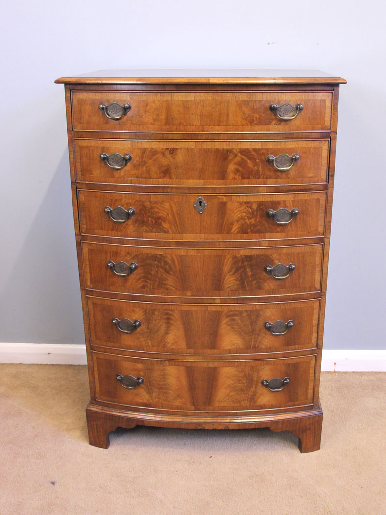 11964r1 Antique Figured Walnut Bow Front Chest of Drawers,