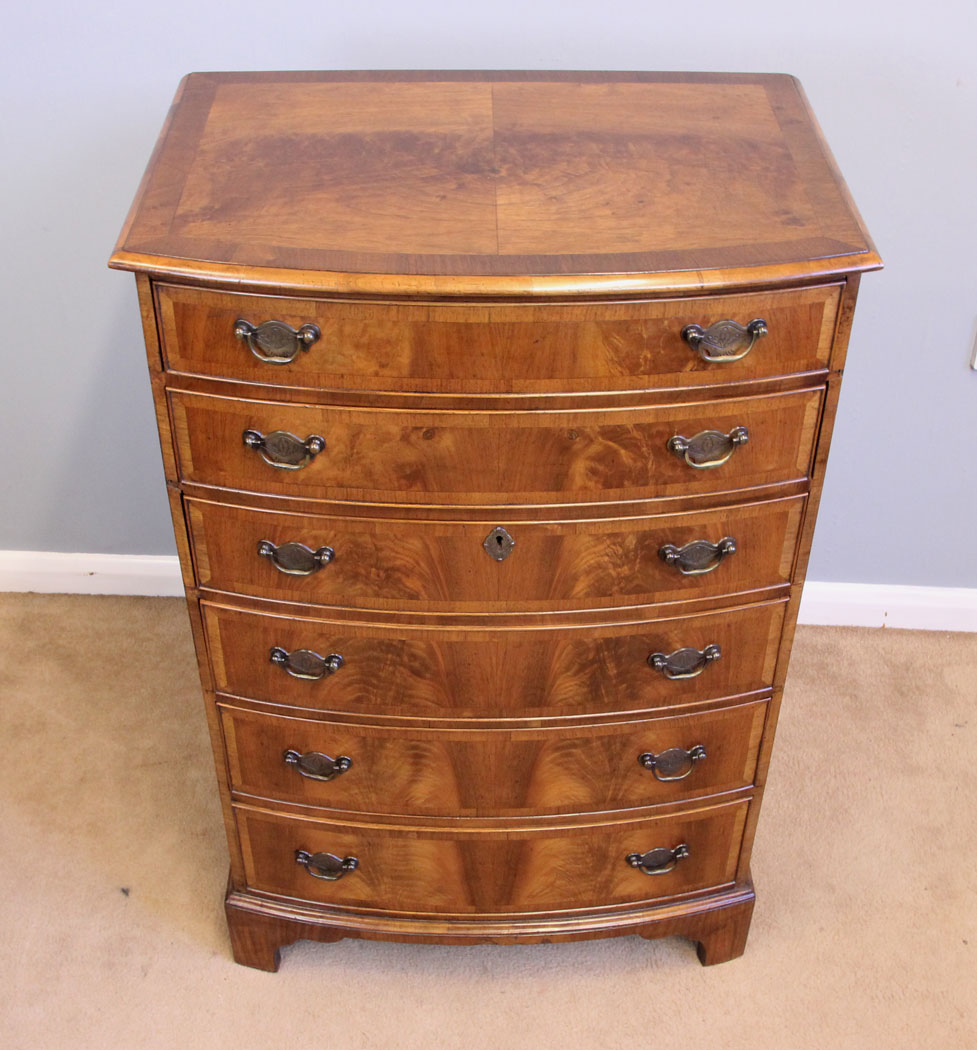 11964r2 Antique Figured Walnut Bow Front Chest of Drawers,