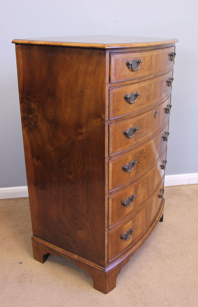 11964r4 Antique Figured Walnut Bow Front Chest of Drawers,