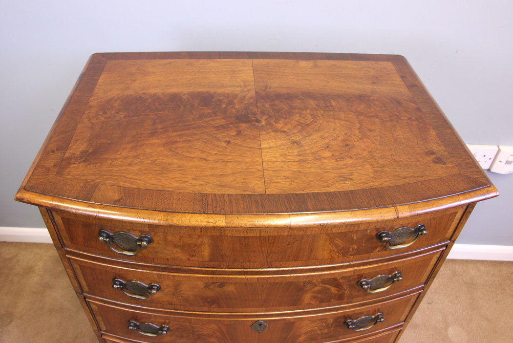 11964r5 Antique Figured Walnut Bow Front Chest of Drawers,