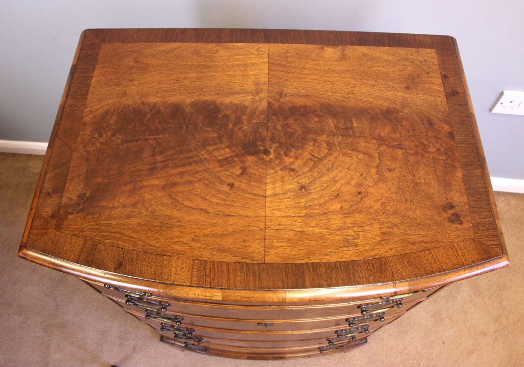 11964r6 Antique Figured Walnut Bow Front Chest of Drawers,