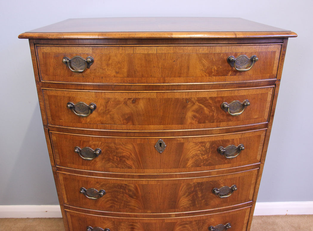 11964r8 Antique Figured Walnut Bow Front Chest of Drawers,