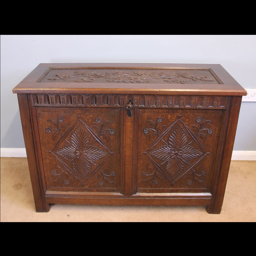 11967r01-Antique-Carved-Oak-Coffer-Chest,- Antique Carved Oak Coffer Chest