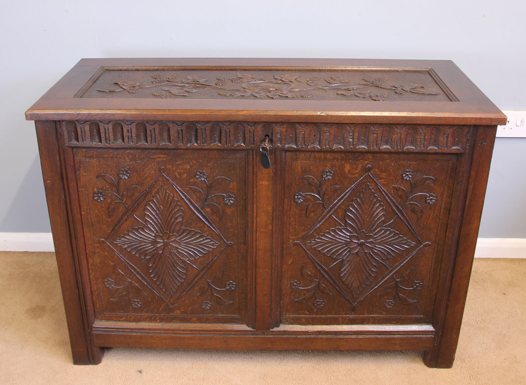 11967r1 Antique Carved Oak Coffer Chest,