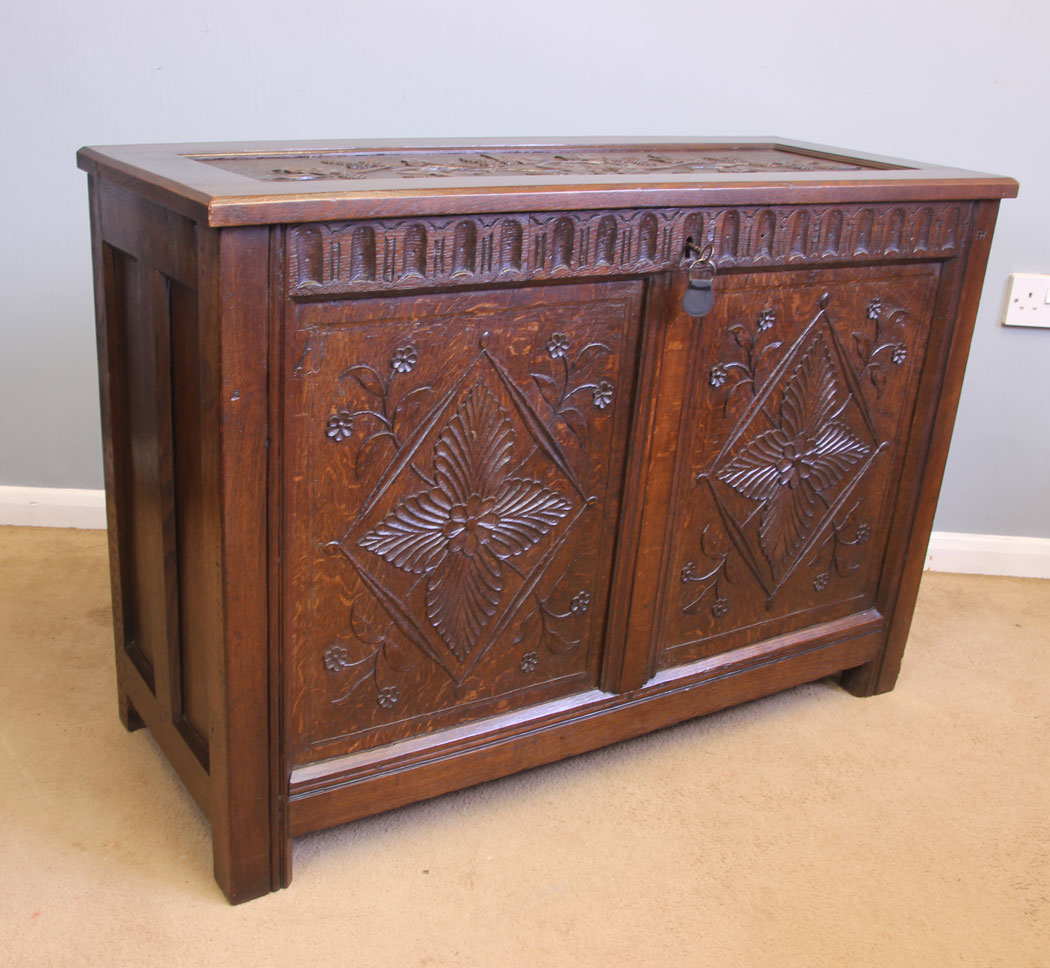 11967r4 Antique Carved Oak Coffer Chest,
