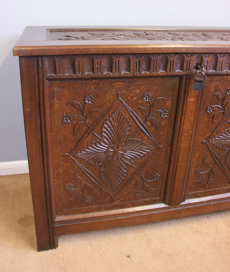11967r5 Antique Carved Oak Coffer Chest,