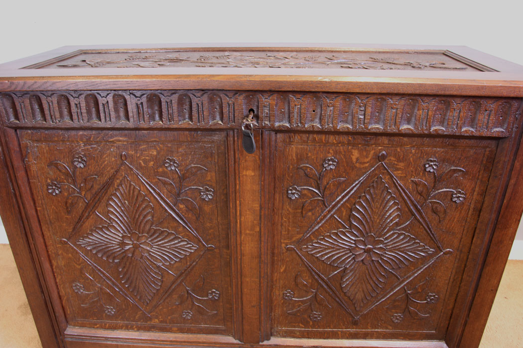 11967r8 Antique Carved Oak Coffer Chest,