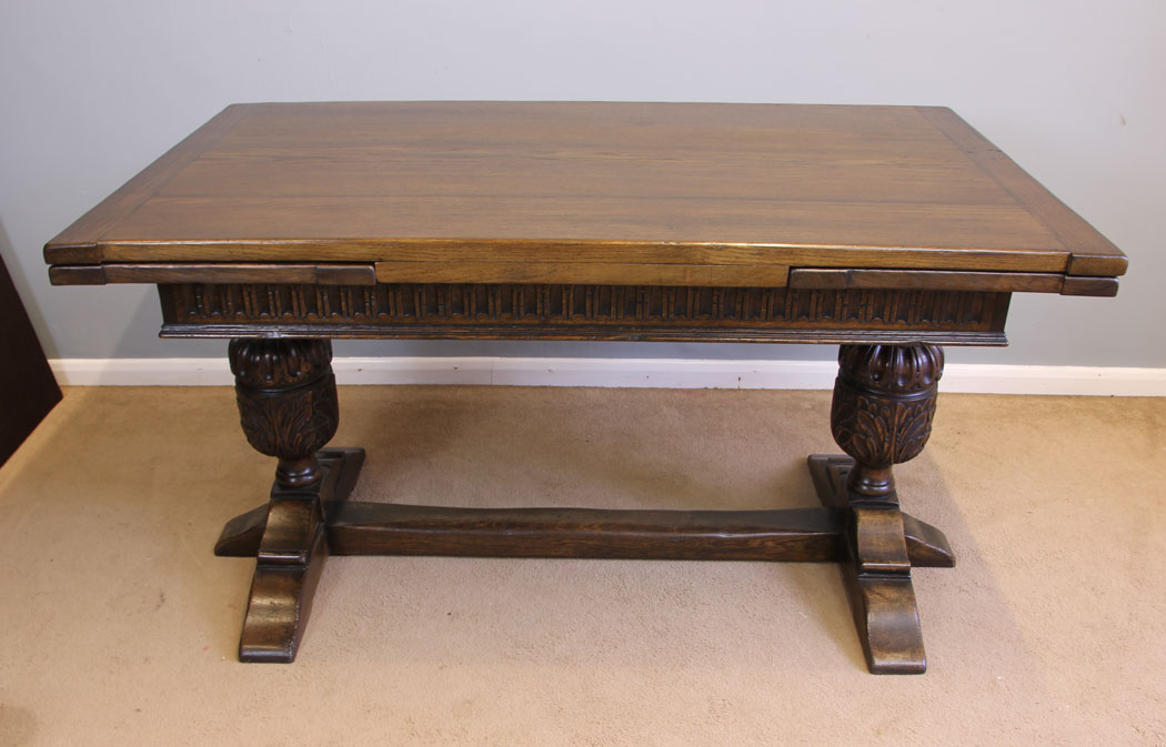 11973r1 Antique Oak Drawleaf Farmhouse Extending Refectory Dining Table,
