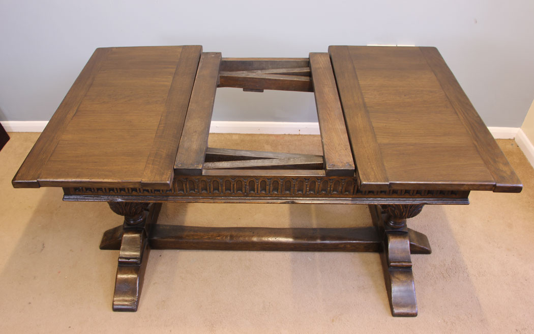 11973r11 Antique Oak Drawleaf Farmhouse Extending Refectory Dining Table,